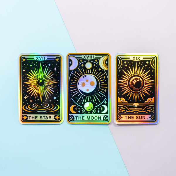 The Star, The Moon, The Sun Tarot Card Holographic Vinyl Stickers 3 Pack