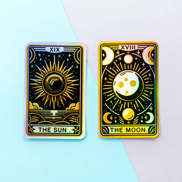 The Sun & The Moon Tarot Card Holographic Vinyl Stickers 2 Pack